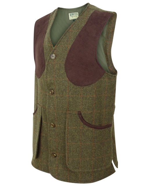 Hoggs of Fife Men's Harewood Lambswool Tweed Shooting Vest (Dark Green Herringbone/Red Overcheck)